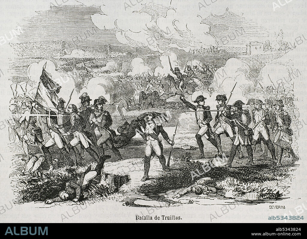 Batalla de Truillas (22 de septiembre de 1793). Episodio bélico que tuvo lugar en Truillas, cerca de Perpiñán, durante la Guerra del Rosellón o Guerra de los Pirineos, entre las tropas de Carlos IV de España, al mando del general Antonio Ricardos, y el ejército francés liderado por Luc Siméon Auguste Dagobert. El ejército español obtuvo una gran victoria contra el ejército revolucionario francés, haciéndolos retroceder. Grabado por Severini. Historia General de España por el Padre Mariana. Madrid, 1853.