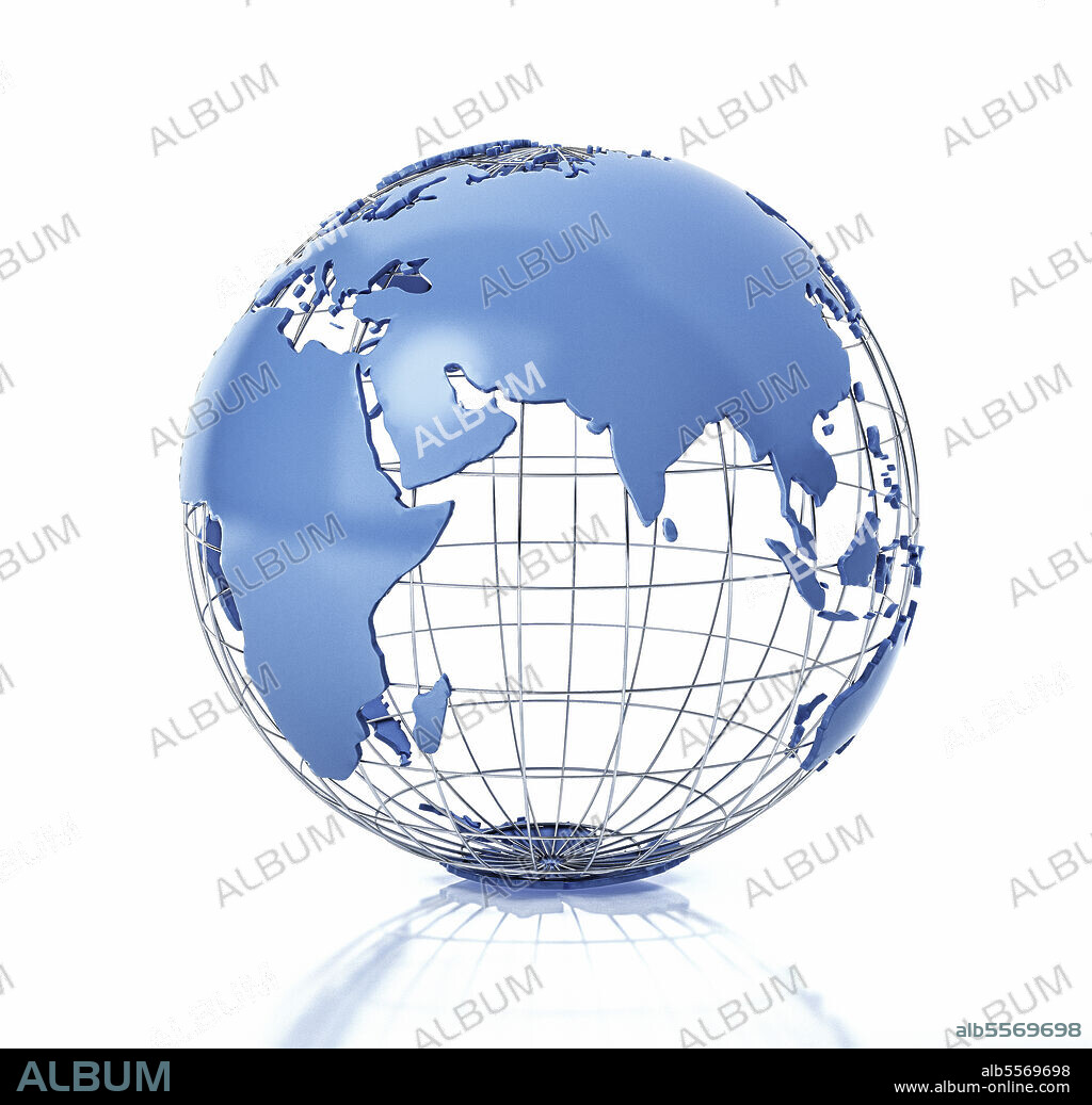 3D stylized Earth globe with metal grid, Asia view with some reflection on the surface.