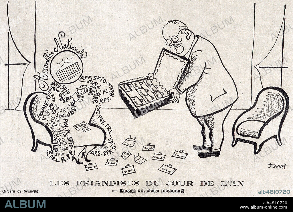JEAN SENNEP. 'Les friandises du jour de l'an' : AURIOL (1884-1966) offre des portefeuilles ministeriels a l'Assemblee. Caricature par SENNEP (1894-1982 = ADAGP) tiree du Figaro en 1952. Credit : Collection KHARBINE-TAPABOR.