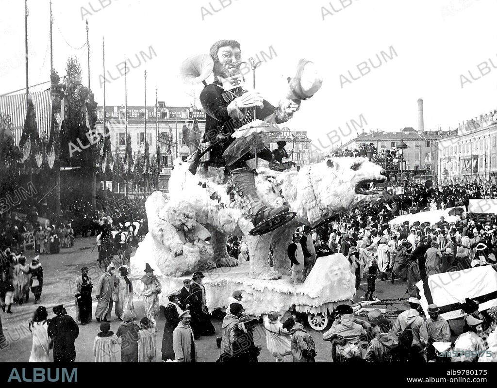 February 1910. The carnival in Nice. The carnival float Xxxviii, alluding to the supposed discoveries of the North Pole, by the famous Dr. Cook.