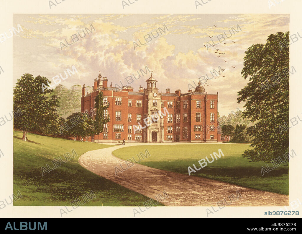 Beaudesert Hall, Staffordshire, England. Elizabethan mansion in brick and stone for Thomas Paget, 3rd Baron, remodelled in 1771 by James Wyatt for Henry Paget, 1st Marquis of Anglesea, and a Grand Lodge added by John Shaw in 1814. Gardens landscaped by Humphry Repton. Colour woodblock by Benjamin Fawcett in the Baxter process of an illustration by Alexander Francis Lydon from Reverend Francis Orpen Morriss Picturesque Views of the Seats of Noblemen and Gentlemen of Great Britain and Ireland, William Mackenzie, London, 1880.