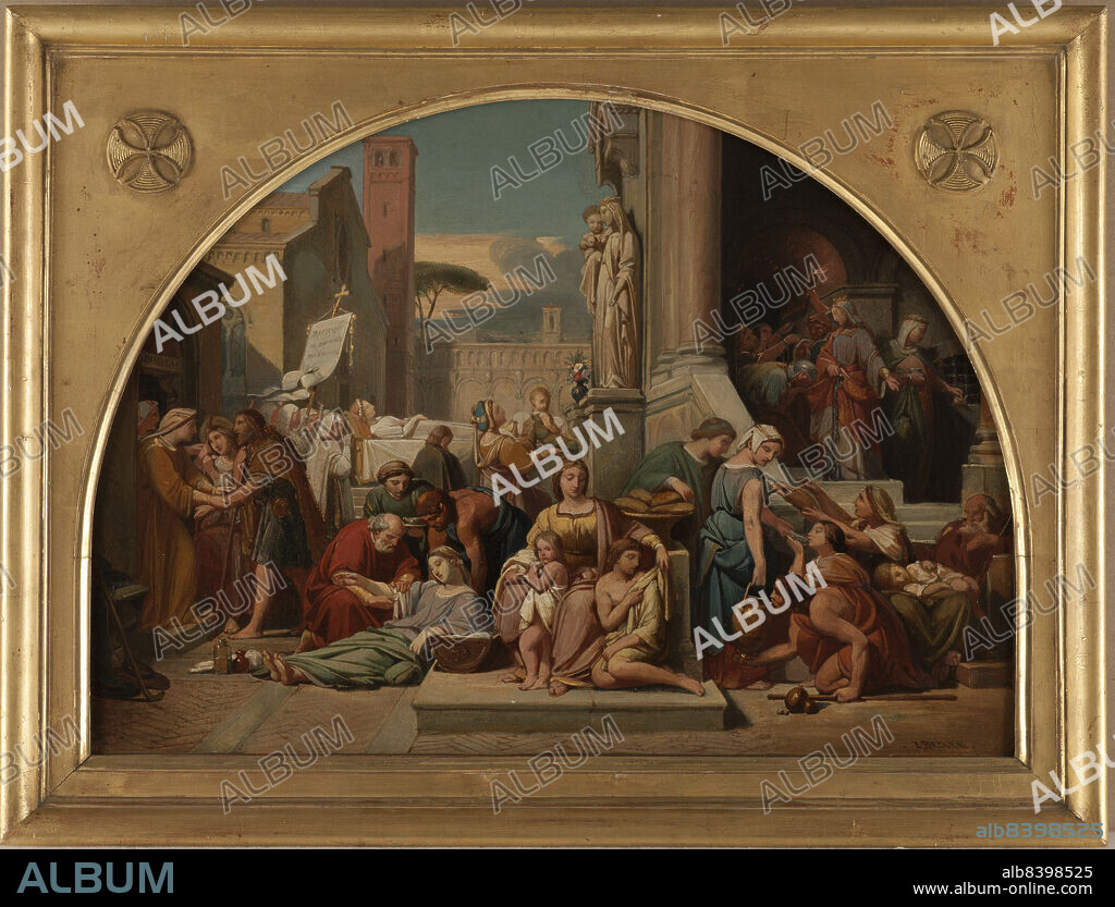 JEAN LOUIS BEZARD. Esquisse pour l'église Sainte-Elisabeth : Les sept oeuvres de miséricorde, between 1844 and 1848. Sketch for the Church of St Elizabeth - the Seven Works of Mercy. The seven works of corporal mercy according to Catholic tradition address the physical needs of the poor. These include feeding the hungry, visiting the imprisoned, burying the dead, clothing the naked, caring for the sick, giving shelter to travelers, and offering drink to the thirsty.