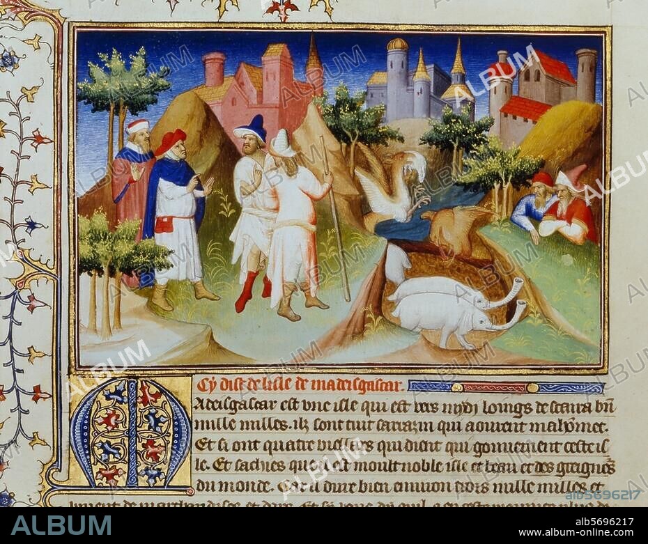 MAESTRO BOUCICAUT. Polo, Marco, 1254-1324, Italian merchant and explorer born in Venice. The Travels of Marco Polo or Book of the Marvels of the World. (Italian: Il Milione, French: Le Livre des Merveilles du Monde). 13th Century travelogue written by Rustichello da Pisa from stories told by Italian explorer Marco Polo, describing Polo's travels through Asia between 1271 and 1295, and his experiences at the court of Kublai Khan. The elephant pit on Madagascar, guarded by the giant bird Rock. Illumination, Paris, Studio of the Boucicaut Master, c.1412. Ms. fr. 2810, fol. 88 r. Paris, Bibliothèque Nationale.