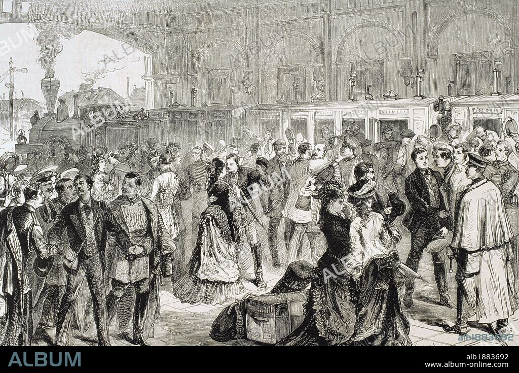 GUERRA RUSO-TURCA (1877-1878). SAN PETERSBURGO. PARTIDA DE OFICIALES RUSOS PARA SERBIA COMO VOLUNTARIOS EN EL EJERCITO DEL GENERAL TCHERNAIEFF. Grabado. La Ilustración Española y Americana, 30 de septiembre de 1876.