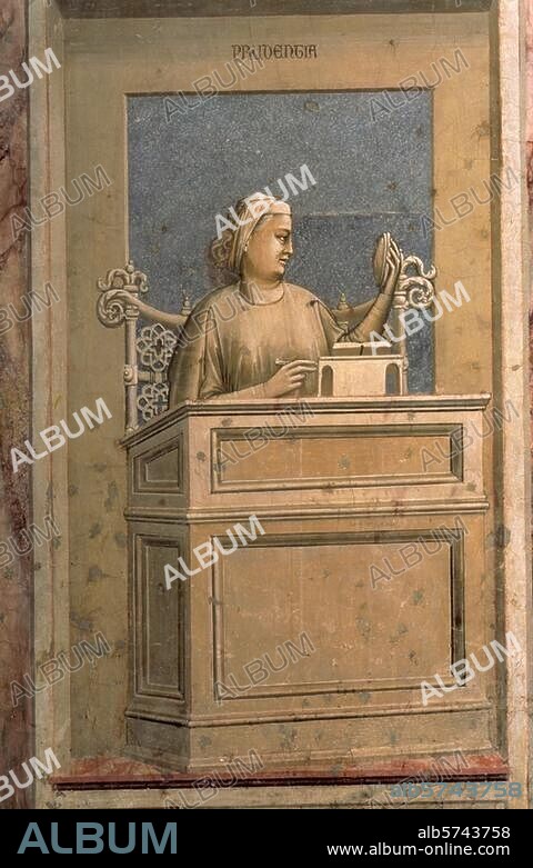 Giotto di Bondone um 1266-1337, Werkstatt. "Prudentia" (Die Klugheit), um 1306. Fresko, ca. 120 × 60 cm. Aus der Serie der Tugenden und Laster. Padua, Arenakapelle (Cappella degli Scrovegni), rechte Wand, Sockelzone.