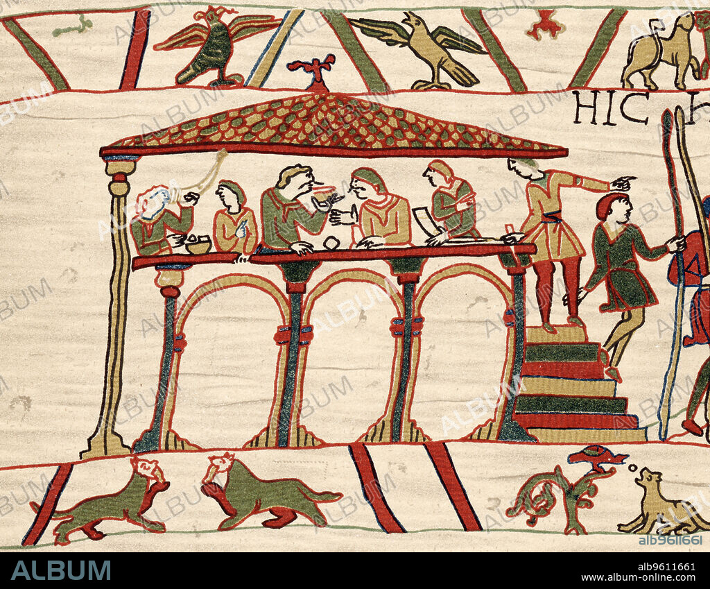 Harold II, last Anglo-Saxon king of England, 1066 (1070s). Harold (c1022-1066) and companions feasting. Harold's succession to the throne was disputed by William of Normandy, who invaded England in 1066 and defeated Harold at the Battle of Hastings to claim the English crown. From the Bayeux Tapestry. The tapestry, which tells the story of the events leading to the Battle of Hastings in 1066, was probably commissioned by Odo, Bishop of Bayeux, William's half-brother.