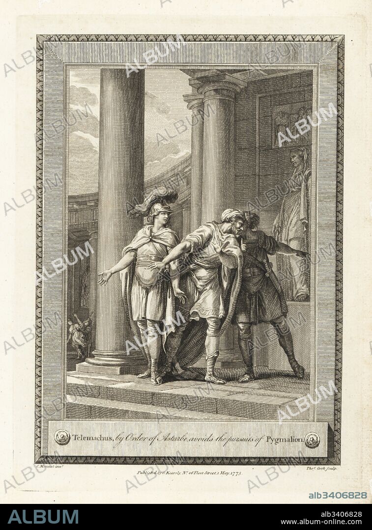 Telemachus, by order of Astarbe, avoids the pursuits of Pygmalion. Copperplate engraving by Thomas Cook after an illustration by C. Monnet from The Copper Plate Magazine or Monthly Treasure, G. Kearsley, London, 1778.