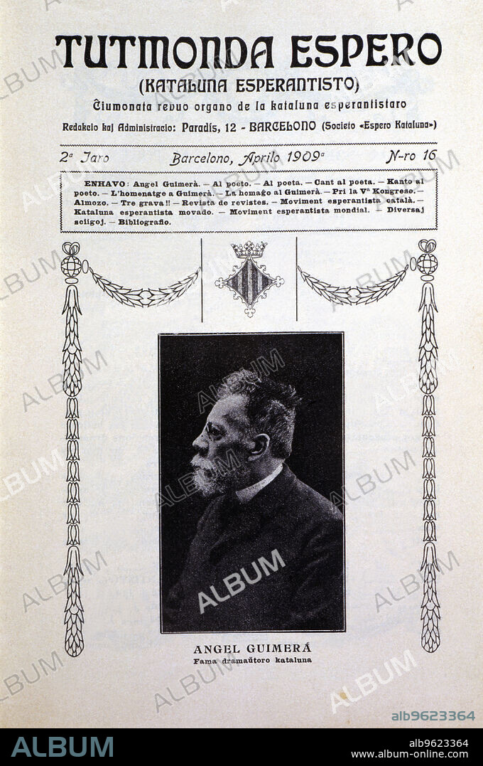 Cover of the gazette 'Tutmonda Espero - Kataluna Esperantisto', organ of the Catalan Esperanto movement. Number 16 April 1909, published in Barcelona.
