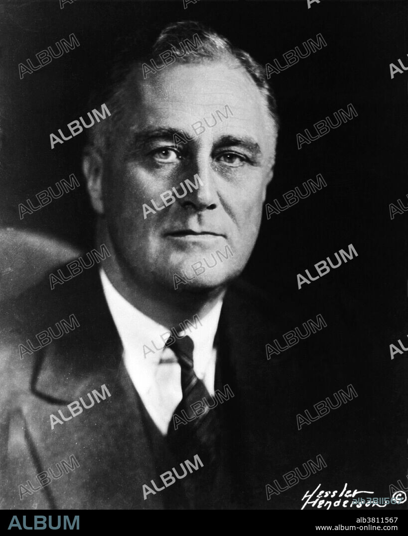 FDR, 1934. Franklin Delano Roosevelt (January 30, 1882 - April 12, 1945) was the 32nd President of the US (1933-45) and a central figure in world events during the mid-20th century, leading the US during a time of worldwide economic crisis and world war. The only American president elected to more than two terms, he facilitated a durable coalition that realigned American politics for decades. With the popular song "Happy Days Are Here Again" as his campaign theme, FDR defeated incumbent Republican Hoover in 1932, at the depth of the Great Depression. FDR's persistent optimism and activism contributed to a renewal of the national spirit, reflecting his victory over paralytic illness to become the longest serving president in US history. As an active military leader, he implemented a war strategy on two fronts that ended in the defeat of the Axis Powers, and he initiated the development of the world's first atomic bomb. He worked closely with Churchill, Stalin and Kai-shek in leading the Allies against Nazi Germany, Fascist Italy and Imperial Japan in WWII, but died just as victory was in sight. On April 12, 1945 he suffered a massive cerebral hemorrhage and died at the age of 63. His death was met with shock and grief across America and around the world.