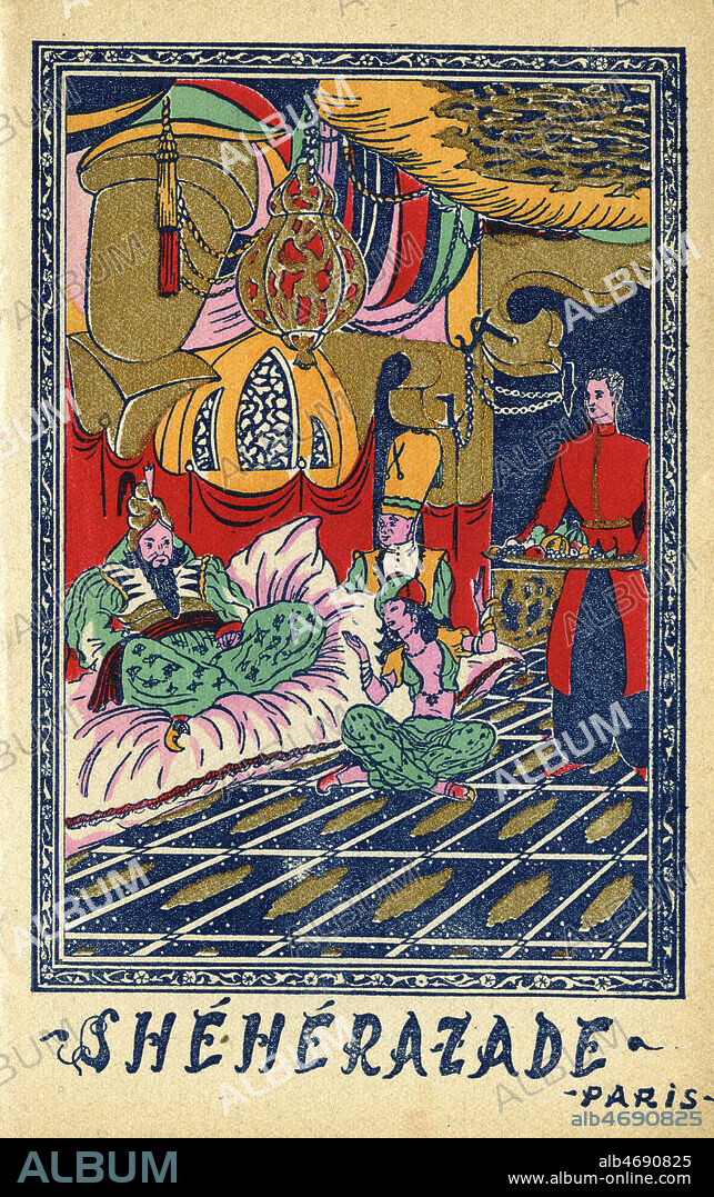 'Sheherazade Paris'. Brochure publicitaire pour un 'cabaret tzigane' a Paris, vers 1930. Illustration anonyme representant un calife auquel on sert le the. Credit : Collection IM/KHARBINE-TAPABOR.