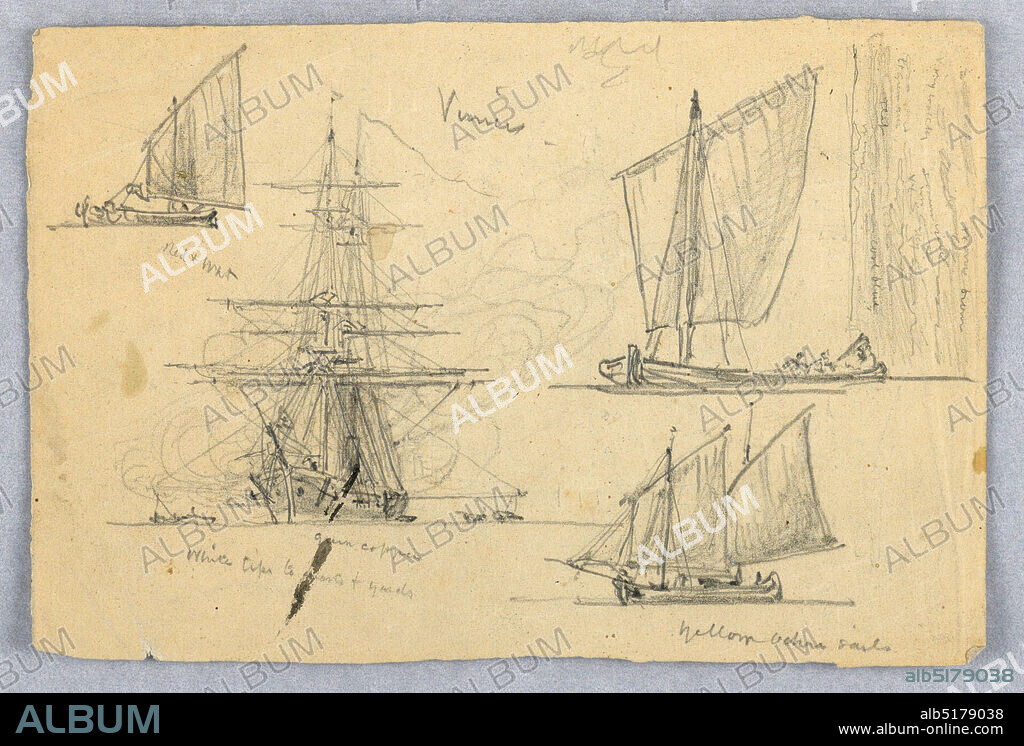Sketches of Ships, Venice, Italy, Samuel Colman, American, 18321920, Graphite on paper, Sail boat, upper left, and a large sailing ship, shown obliquely from the bow, left. A sail boat with three men, upper right, and a sail boat with two masts, lower right. Upper right, vertically, a seascape with mountains. Verso: A two master with lowered sails. The top of the higher mast is shown beside. At right, vertically, the stern of a ship with a big rudder. The ship's name is VENEZIA., Venice, Italy, October 1872, transportation, Drawing, Drawing.