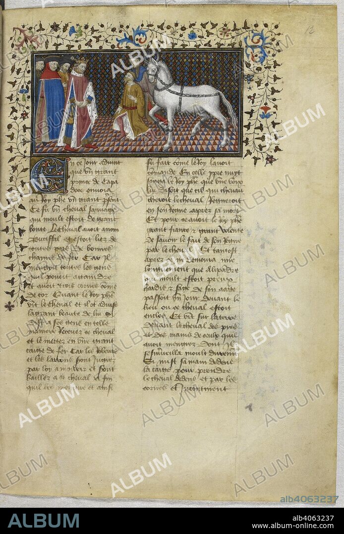 Miniature of Alexander and Aristotle, and Bucephalus being brought in by two attendants. Historia de proelis in a French translation (Le Livre et le vraye hystoire du bon roy Alixandre). France, Central (Paris); c.1420. Source: Royal 20 B. XX, f.12. Language: French.