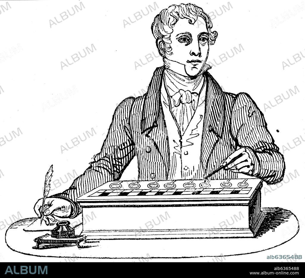 GRABADO DE UN OFICINISTA USANDO UNA PASCALINA LA PRIMERA MAQUINA CALCULADORA INVENTADA POR PASCAL EN EL SIGLO XVII.