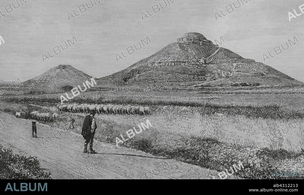 España. Castilla. Provincia de Palencia. El cerro y la Ermita del Cristo del Otero. En primer término pastor con rebaño de ovejas. Grabado por Tomás Carlos Capuz (1834-1899). La Ilustración Española y Americana, 22 de octubre de 1883.