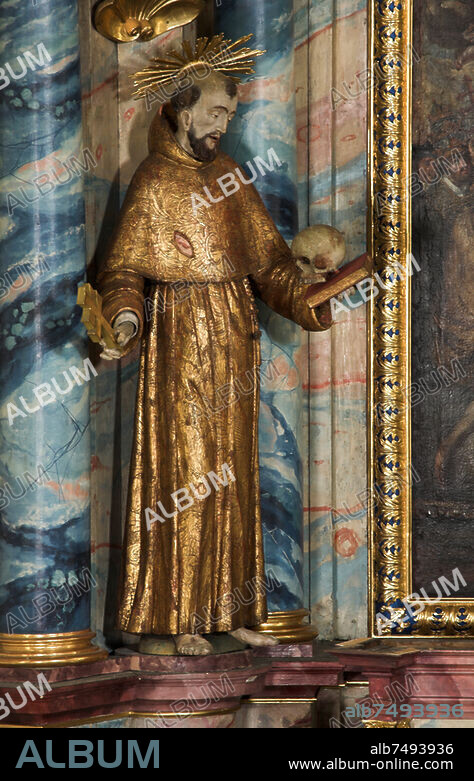 ANONYM. Wittichen (Kaltbrunn, Gemeinde Schenkenzell, Schwarzwald, Baden-Württemberg), Kloster Wittichen (ehemaliges Klarissenkloster, gegründet 1324 durch die Selige Luitgard; säkularisiert 1803), ehemalige Klosterkirche, heute katholische Pfarrkirche Allerheiligen, Hochaltar (Altarblatt 1687; Altaraufbau Mitte 18. Jahrhundert). - Statue des Heiligen Franz von Assisi. - Linke flankierende Figur des Hochaltars. Skulptur, Mitte 18. Jahrhundert. Holz, farbig gefasst. Foto, 2010.