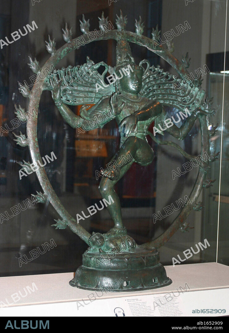 Hindu god Shiva appears as Nataraja (lord of the dance) dancing in a ring of fire. In his hair is a small representation of the goddess Ganga. Bronze figure of Nataraja, Tamil Nadu, southern India, Chola dynasty, c1100. Mythology.