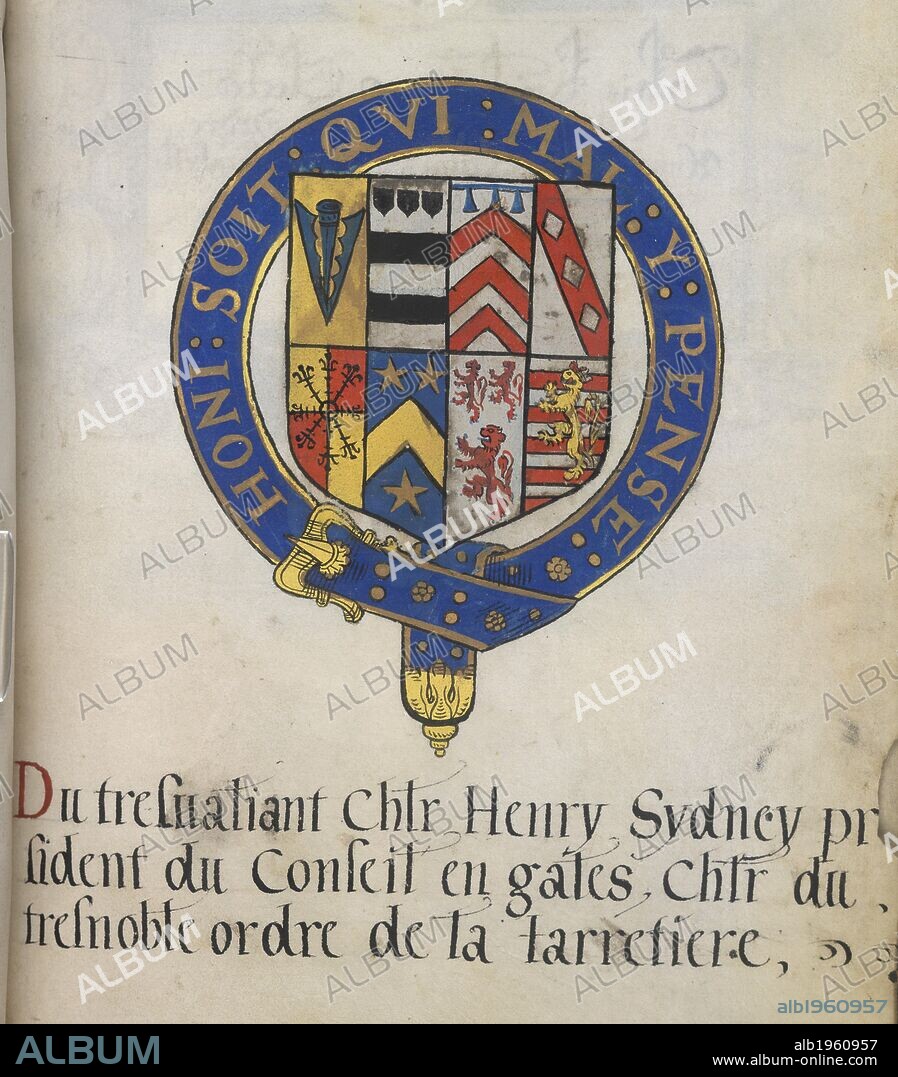 Coat of Arms of Sir Henry Sydney, President of the Council of Wales. Arms of the Knights of the Garter. England; 1564. [Whole folio] Illustration of the coat of arms of Sir Henry Sydney, President of the Council of Wales, who was installed as a Knight of the Garter at Windsor on 13 May 1564.  Image taken from the Arms of the Knights of the Garter.  Originally produced in England; 1564  . Source: Add. 30808, f.26. Language: English and French.