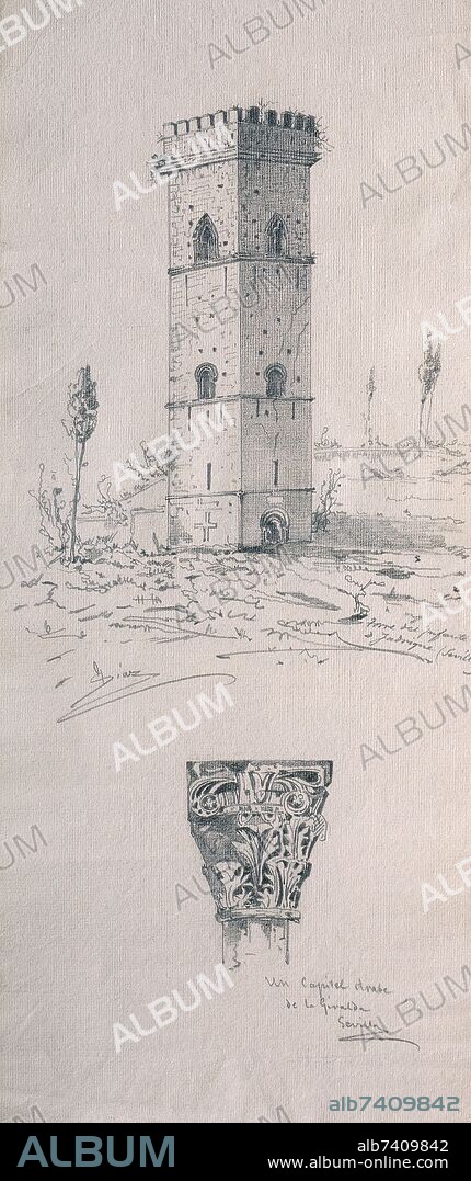 GUMERSINDO DIAZ (1841-1891). TORRE DE DON FADRIQUE Y CAPITEL DE LA GIRALDA DE SEVILLA  - 1865 - DIBUJO.