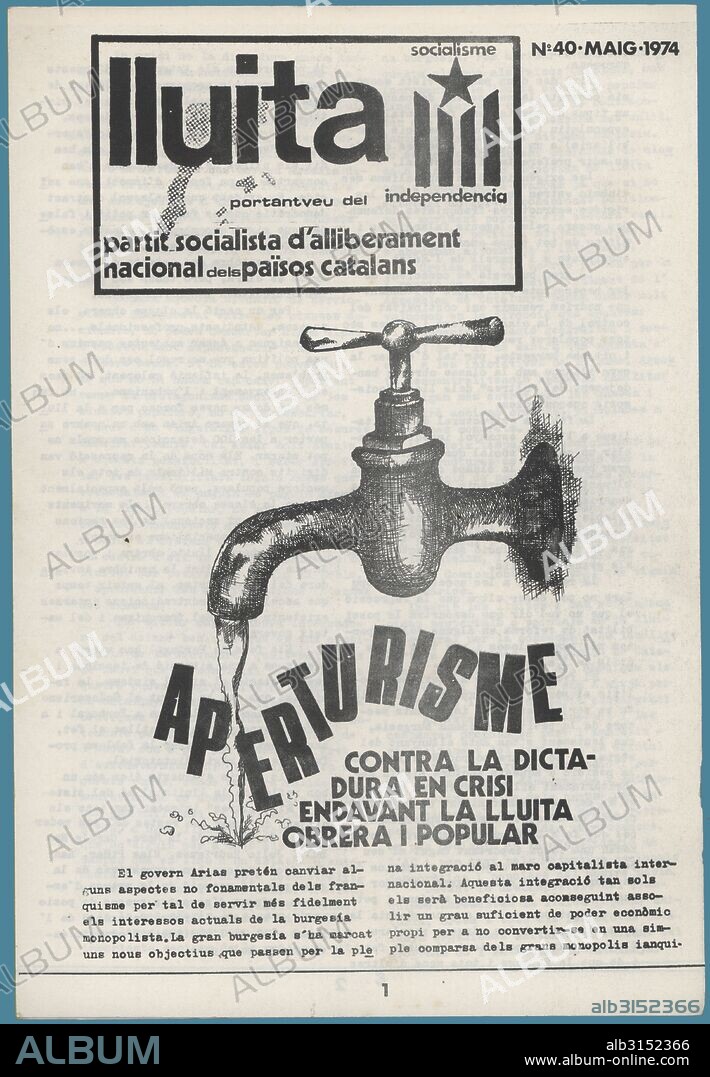Portada de la revista clandestina Lluita, portavoz del Partit Socialista d'Alliberament Nacional PSAN, editada en Barcelona, mayo de 1974.