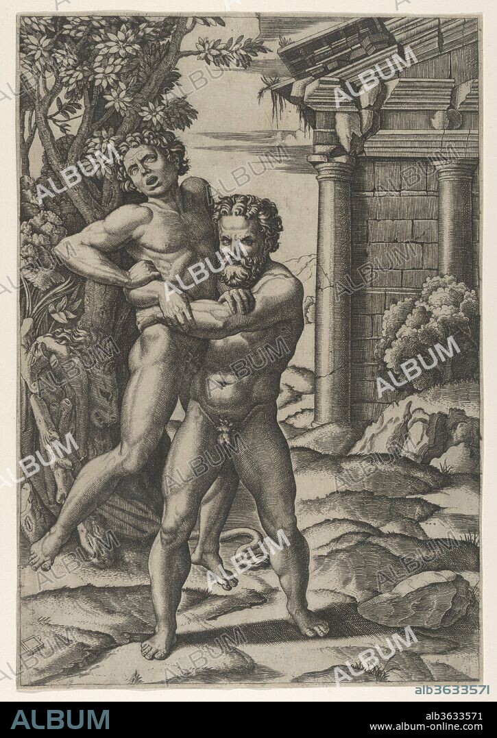 Hercules holding Antaeus by the waist and lifting him off his feet. Artist: Marcantonio Raimondi (Italian, Argini (?) ca. 1480-before 1534 Bologna (?)); After Raphael (Raffaello Sanzio or Santi) (Italian, Urbino 1483-1520 Rome); or Giulio Romano (Italian, Rome 1499?-1546 Mantua). Dimensions: 12 1/16 x 8 3/8 in.  (30.6 x 21.2 cm). Date: ca. 1520-22.