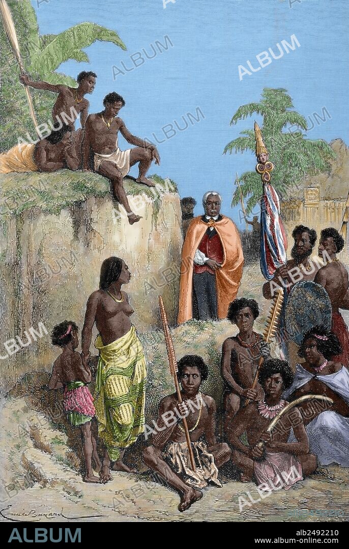 EMILE BAYARD (basado en). KAMEHAMEHA I, o KAMEHAMEHA EL GRANDE (1758-1819). Unificó las Islas Hawái y estableció el Reino de Hawai en 1810. Soberano de la Isla Hawai de 1795 a 1810. Grabado por E. Bayard. "Hawaianos en 1819. Kamehameha y sus guerreros". "El Mundo Ilustrado", 1880. Coloreado.