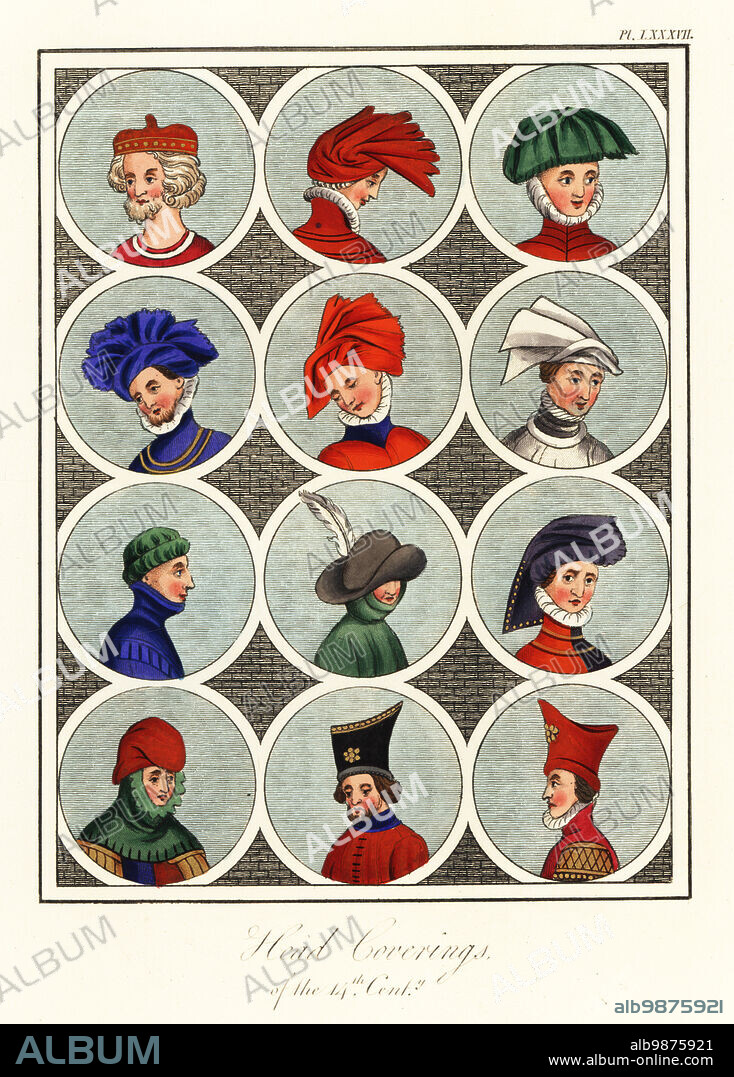 Head coverings of the 14th century. Men in chaperon, turban, hood, feather cap, beret and other hats. Mostly from Chroniques de France ou de St Denis, Royal MS 20 C vii. Handcoloured engraving by Joseph Strutt from his Complete View of the Dress and Habits of the People of England, Henry Bohn, London, 1842.