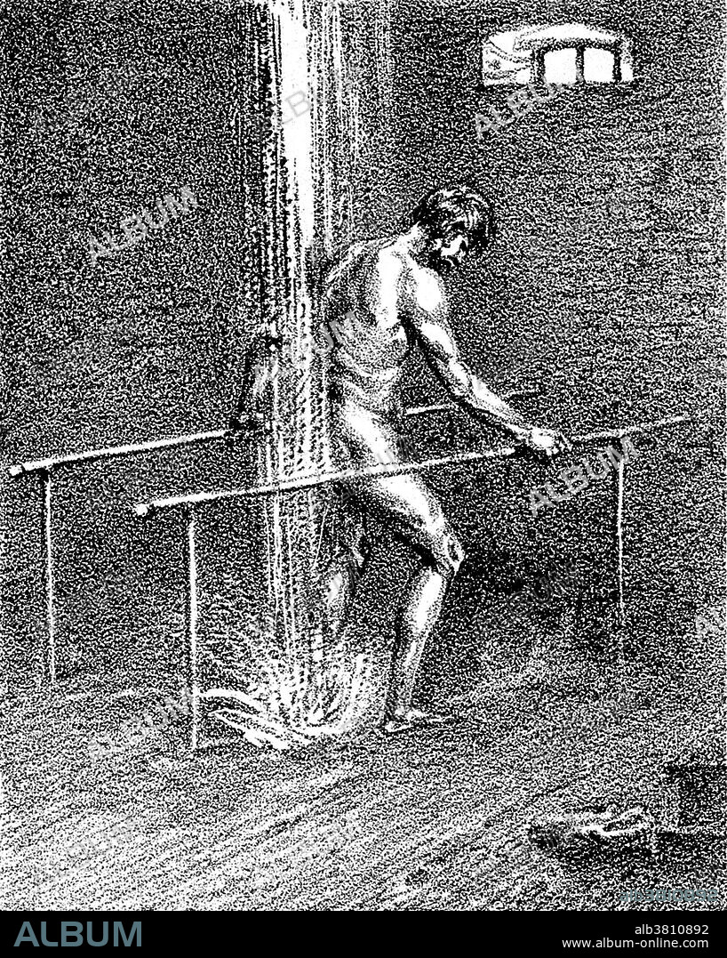 Hydrotherapy cure at GrÃ¤fenberg, Germany, showering. LÃ¡zne JesenÃ­k (until 1948, GrÃ¤fenberg) is a small village in the Czech Republic. The place is known for its connection with Vincent Priessnitz who founded the first modern hydrotherapeutic institute in 1819. The initial curing included application of cold compresses and poultices or sprinkling of affected areas. He cured contusions, sprains and external wounds. He created his own method of a "sweating cure" used for chronic diseases. He left the patient to sweat in the bed and then he immersed him into a laundry tub with cold water for a short time. Later, in addition to simple sweating cures, he added frequently repeated applications of cold water. These included mostly total baths connected with rubbing of skin, or half-baths, paddling in water, sitting baths, baths of limbs, baths of eyes, total and partial cold showers, drinking of cold spring water, sometimes also cold water intestinal clysm. Lithograph, 1860s.
