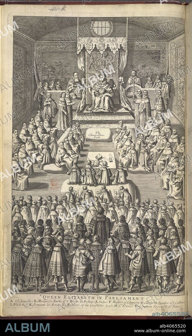 Elizabeth I. The Journals of all the Parliaments during the Rei. John Starkey: London, 1682. Queen Elizabeth I in Parliament'.  Image taken from The Journals of all the Parliaments during the Reign of Queen Elizabeth, both of the House of Lords and House of Commons. Collected by Sir Simonds D:Ewes Revised and published by Paul Bowes. [With an engraved frontispiece.]   Originally published/produced in John Starkey: London, 1682. . Source: 1575/212, frontispiece. Language: English.