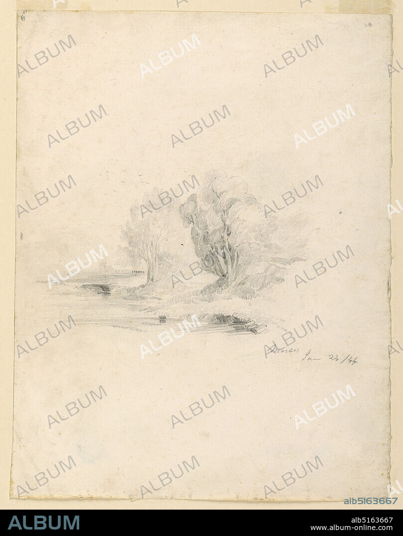 Brook and Trees, Samuel Finley Breese Morse, American 1791-1872, Graphite on paper, Sketch of a brook with trees and a meadow in the background., USA, January 24, 1844, landscapes, Drawing, Drawing.