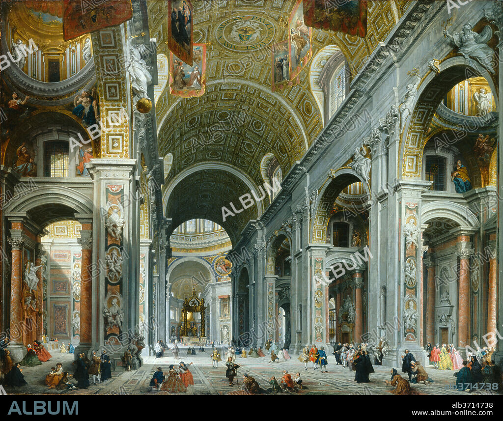 GIOVANNI PAOLO PANINI. Interior of Saint Peter's, Rome. Dated: c. 1754. Dimensions: overall: 154.5 x 197 cm (60 13/16 x 77 9/16 in.)  framed: 179.1 x 222.3 x 8.3 cm (70 1/2 x 87 1/2 x 3 1/4 in.). Medium: oil on canvas.