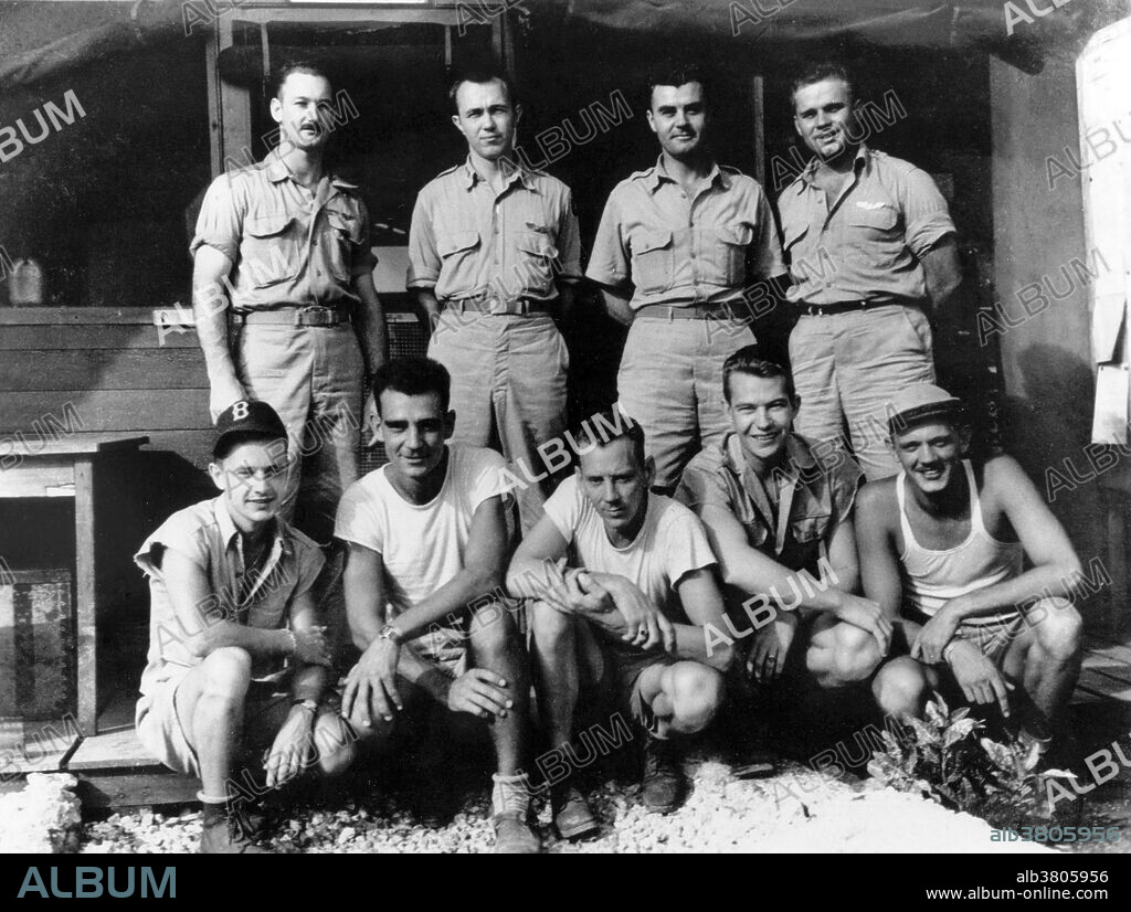 Enola Gay's crew on 6 August 1945, consisted of 12 men. Only three, Tibbetts, Ferebee, and Parsons, knew the purpose of the mission. 9 of the 12 member crew are pictured her. Back row left to right Major Ferebee, Captain Van Kirk, Colonel Tibbets, Captain Lewis, Staff Sgt. Caron, Sgt. Stiborik, Staff Sgt. Duzenbury, Pvt. 1st Class Nelson, Sgt. Shumard. On August 6, 1945, the Enola Gay was used to drop, from an altitude of 31,600 feet, the "Little Boy" atomic weapon, destroying Hiroshima, Japan, at 8:16 a.m. local time. The airplane was flown by Col. Paul Tibbets, commander of the 509th Group, and had a crew of 11. Days before the mission, Tibbets named the airplane "Enola Gay" in honor of his mother. Enola Gay returned safely to its base on Tinian to great fanfare. The Enola Gay was accompanied by two other B-29s, Necessary Evil which was used to carry scientific observers, and as a camera plane to photograph the explosion and effects of the bomb and The Great Artiste instrumented for blast measurement. Enola Gay is a Boeing B-29 Superfortress bomber.