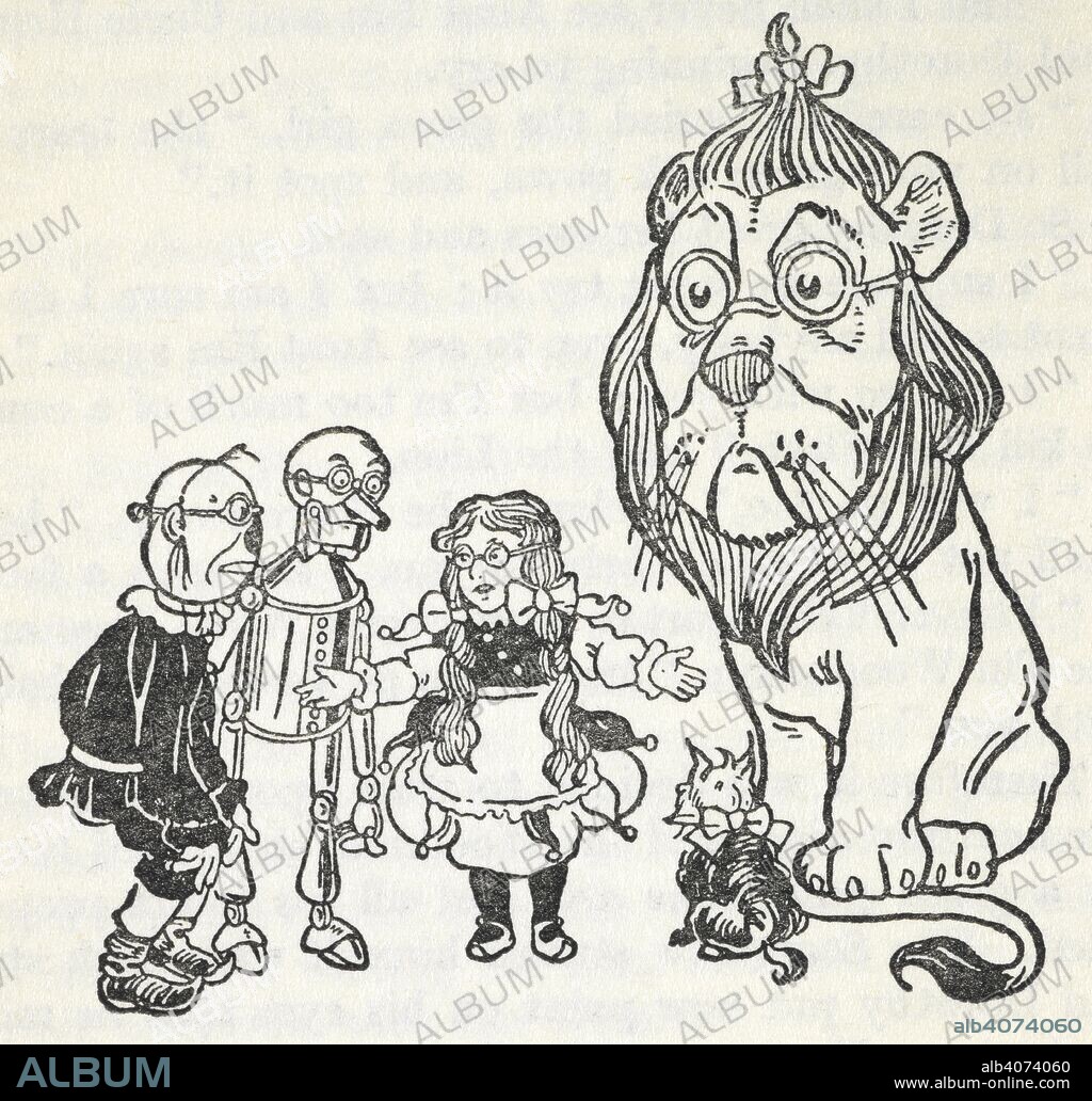 LYMAN FRANK BAUM and PERCY ALEXANDER LEASON. Dorothy, her dog, Toto, with the scarecrow, the tinman (tin woodman) and the cowardly lion, all characters in the story, 'the wizard of Oz'. . The Wizard of Oz, etc. London : Hutchinson & Co., [1926]. Source: 12808.gg.18 page 100. Language: English.