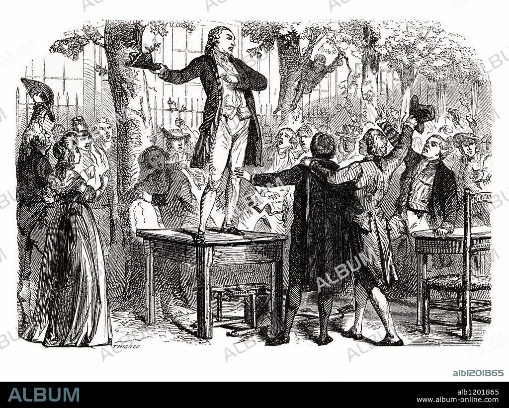 Camille Desmoulins (1760-1794). Publicista y político francés. Compañero de Robespierre, publicó folletos de gran elocuencia acusando al Antiguo Régimen. Muerto el 13 de abril de 1794, ejecutado por el tribunal revolucionario. Grabado de 1866.