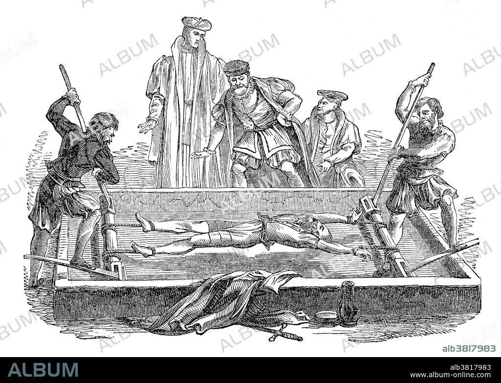 The rack is a torture device consisting of a rectangular, usually wooden frame, slightly raised from the ground, with a roller at one or both ends. The victim's ankles are fastened to one roller and the wrists are chained to the other. As the interrogation progresses, a handle and ratchet mechanism attached to the top roller are used to very gradually increase the tension on the chains, inducing excruciating pain. By means of pulleys and levers this roller could be rotated on its own axis, straining the ropes until the sufferer's joints were dislocated and eventually separated. One gruesome aspect of being stretched too far on the rack is the loud popping noises made by snapping cartilage, ligaments or bones. Confining the prisoner on the rack enabled further tortures to be simultaneously applied, typically including burning the flanks with hot torches or candles or using pincers made with specially roughened grips to tear out the nails of the fingers and toes. Usually, the victim's shoulders and hips would be separated and their elbows, knees, wrists, and ankles would be dislocated.