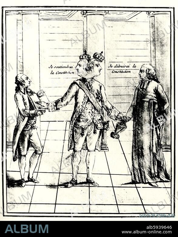 ANONYM. Ludwig XVI., König von Frankreich, 1754-1793. "Le Roi Janus". (Karikatur auf den Eid des Königs auf die Verfassung beim Bundesfest, Paris, Champ de Mars, 14. Juli 1790). Radierung, zeitgenössisch. Paris, Musée Carnavalet.