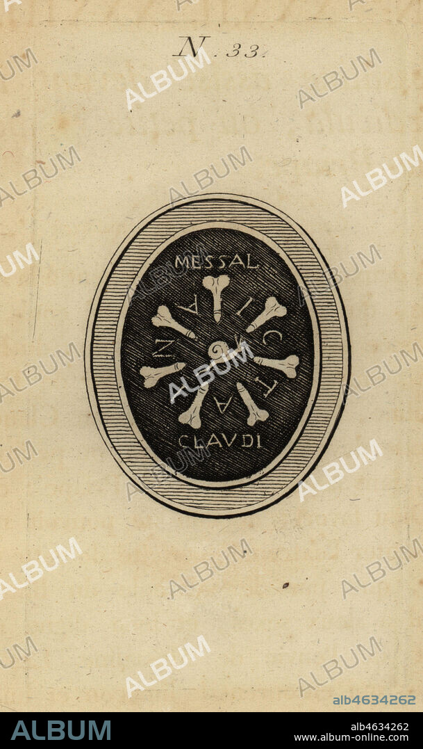 Priapic medal to Valeria Messalina and Emperor Claudius. Rear side of an engraved medal of cornaline showing a snail and seven phalli Priapus with the words Messal Claudi Invicta. Copperplate engraving from Pierre-Francois dHarcanvilles Monumens du Culte Secret des Dames Romaines, Sabellus, Capri (Monuments to the Secret Cult of Roman Women, Leclerc, Nancy) 1780. Based on imaginary Spintria, medals and cameos.