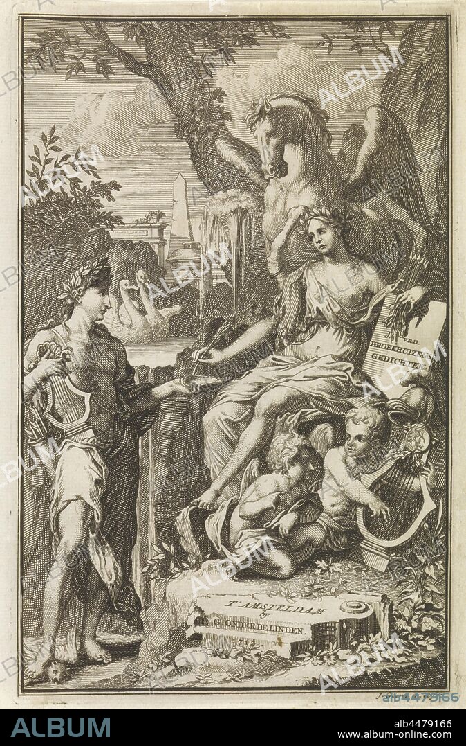Venus and Apollo Title page for Johan van Broekhuizen, Poems, 1712 Poems (title on object), Venus in the center on a throne. In her hand a stone plate with the title of the book. Next to her throne two putti with a winch. Apollo stands on the left and tramples an owl under his right foot. Venus writes with a feather in a book that Apollo gives her. Behind the throne a pegasus., (Story of) Venus (Aphrodite), (story of) Apollo (Phoebus), Pegasus, the winged horse, cupids: 'amores', 'amoretti', 'putti', owls, Jan Goeree (mentioned on object), Amsterdam, 1712, paper, engraving, w 108 mm × h 170 mm.