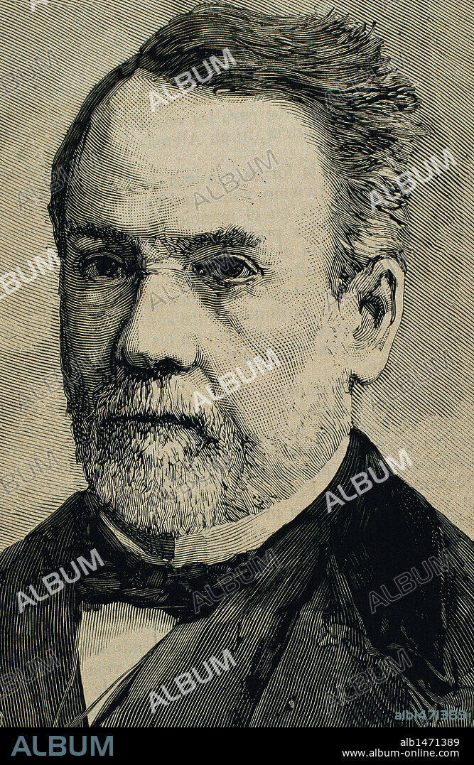 PASTEUR, Louis (Dole,1822-Villeneuve-l'Etang, Marnes-la-Coquete,1895). Biólogo francés, creador de la Microbiología. Fue el primero en descubrir que la fermentación era debida a organismos vivos microbios. Creador de los métodos asépticos. Grabado.