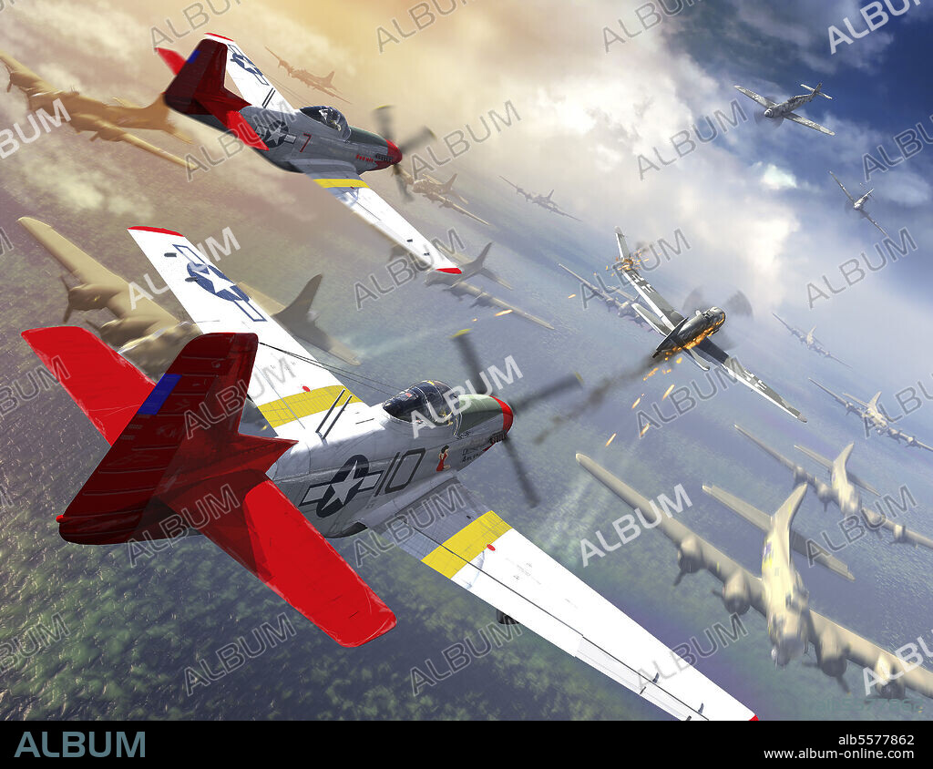 Tuskegee Airmen P-51 Mustangs escorting B-17 bombers from German fighter planes.
