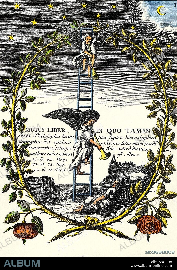ALCHEMY - MUTUS LIBER, OR SILENT BOOK - PLATE 1.. Plate 1 - the title-page, of the Mutus. This is one of the few plates with words: the title translates The Mute Book, in which, however, the whole hermetic Philosophy is is depicted in hieroglyphic figures, consecrated to the God of mercy, thrice blessed and greatest, and dedicated only to the sons of the art, by the author, whose name is Altus. The three figures below are in mirror script, and refer to Biblical passages in Genesis (Neg) and Deuteronomy (Tued). This is mirror script because, in the arcane tradition, the higher world (from which the Angels descend on the ladder) is a reversal of the lower world, in which the adept-to-be sleeps, on a rock which vaguely resembles a death's head. This is the ordinary sleep of life, in which the sleeper is unaware of the spiritual mysteries around, and in the spiritual world. In this sleeping world, the Moon is dominant (to right), and the Sun absent. The floral oval is made from a pair of rose branches, which contain many sharp spines.. The alchemical masterpiece, Mutus Liber (or Silent Book) first appeared in print during 1677 - probably brought into the light of day by the French alchemist, Jacob Saulat, as a book with 13 plates, which was later increased to one of 15 plates (as in the series available here). The book is almost without words, and such words as appear are rarely what they seem to be, and are certainly susceptible to more than one level of interpretation. The alchemical importance of the images resides in the subtle graphic symbolism. A clear exposition of this symbolism may be found in Adam McLean, A Commentary on the Mutus Liber, 1982.