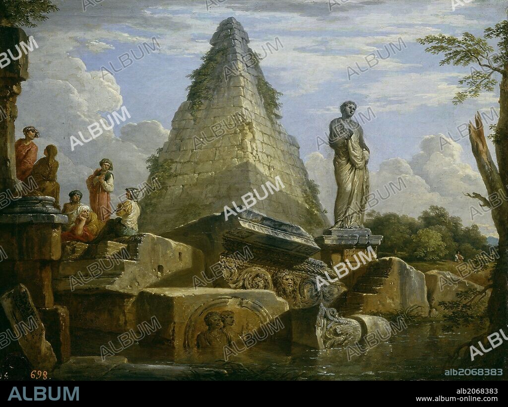 GIOVANNI PAOLO PANNINI. Giovanni Paolo Panini / 'Ruins with the Pyramid of Cayo Cestio', ca.  1730, Italian School, Oil on canvas, 48 cm x 64 cm, P00273.