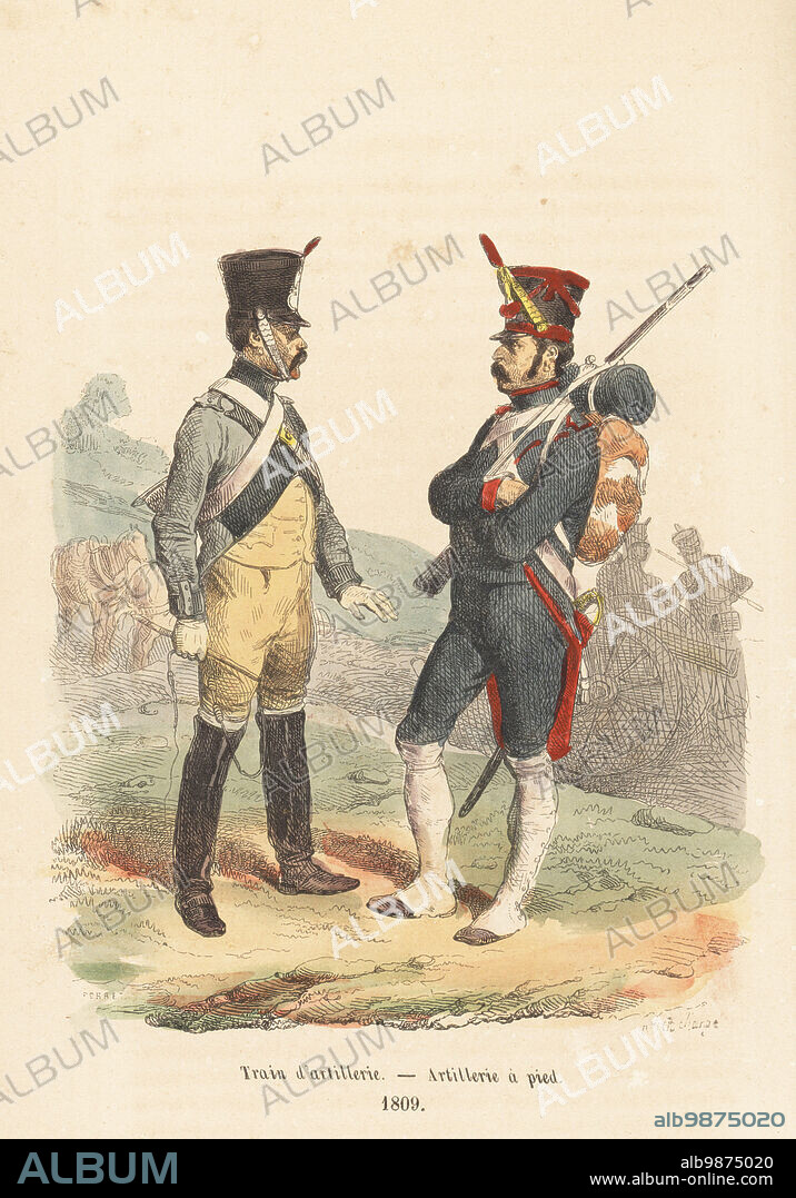 Uniforms of the French artillery, 1809. Soldier of the line artillery train in light blue-grey coat and buff breeches. Foot artillery in shako, blue coat with red cuffs and piping, white (summer) gaiters, armed with musket. Train d'artillerie, artillerie a pied, 1809. Handcoloured woodcut by Henri Désiré Porret after an illustration by Hippolyte Bellangé from P.M. Laurent de lArdeches Histoire de Napoleon, Paris, 1840.