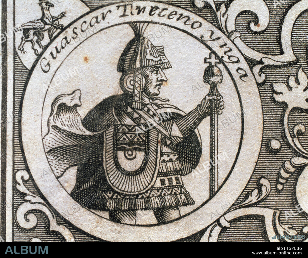 HUASCAR O TUPAC CUSI HUALPA (h.1491-1532). Emperador de los incas (1525-1532). Hijo de Huayna Cápac. Grabado de 1726.