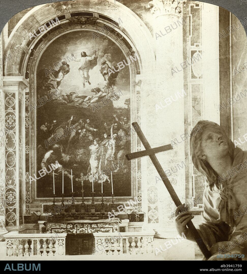 Mosaic above the Altar of Transfiguration, St Peter's Basilica, Rome, Italy. The mosaic is a reproduction of Raphael's painting of the Transfiguration (1520). It took a team of nine artists nine years to complete, finishing in 1767. Stereoscopic card detail.