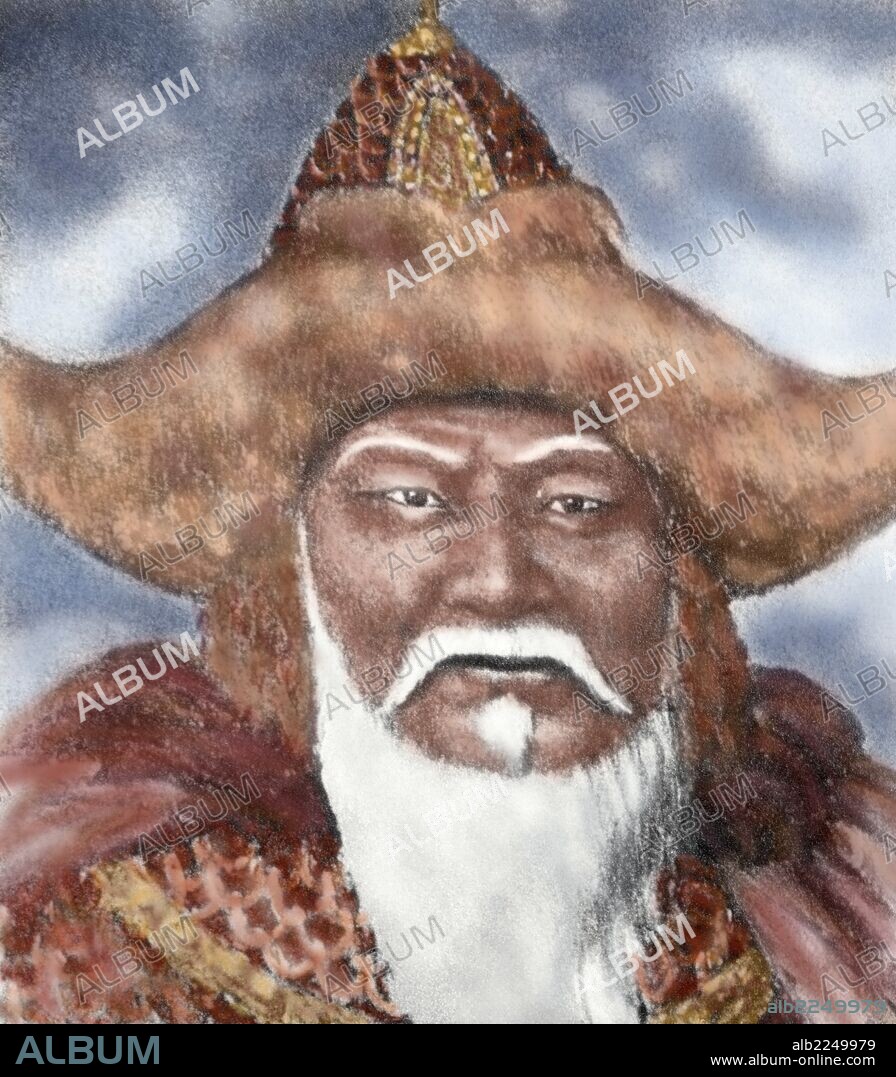 Genghis Khan (1162-1227). Emperor of Mogol Empire. Engraving. Colored.