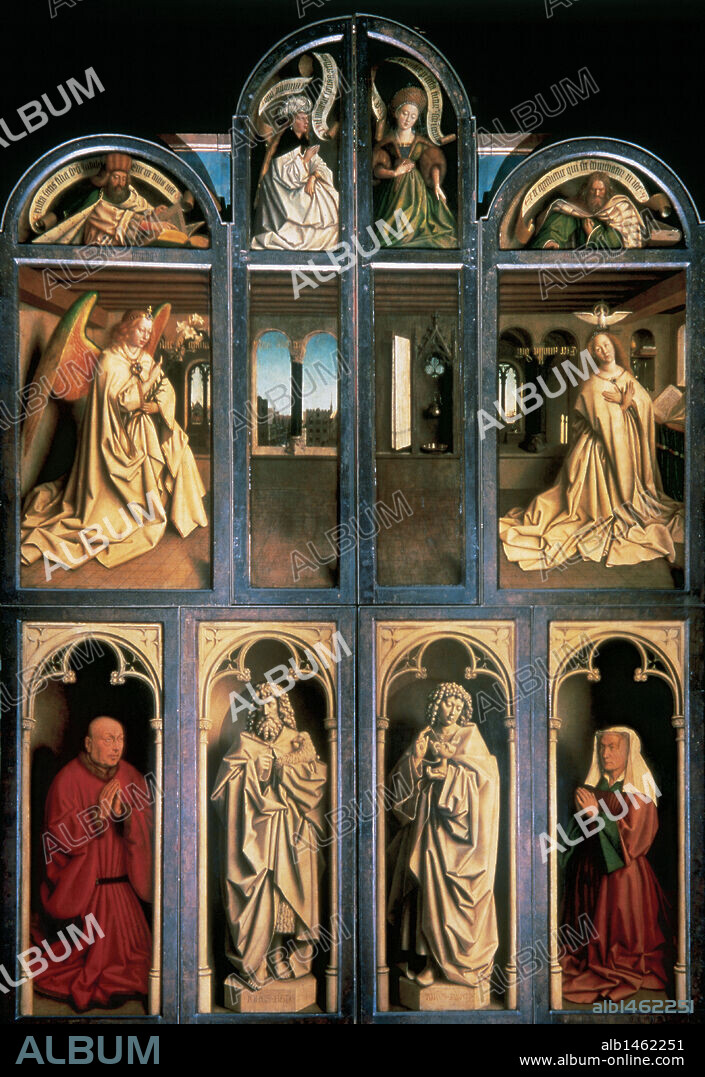 ARTE GOTICO. BELGICA. S. XV. LA ADORACION DEL CORDERO MISTICO. Políptico de San Bavón de Gante. Iniciado por Hubert van Eyck (m.1426) y terminado en 1432 por Jan van Eyck (m.1441). Panel exterior. Catedral de Gante.