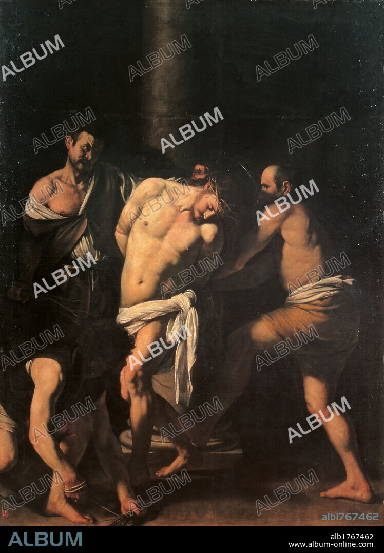 Flagellation of Christ, by Michelangelo Merisi known as Caravaggio, 1607, 17th Century, oil on canvas, cm 286 x 213. Italy, Campania, Naples, Capodimonte National Museum and Galleries. All. Martyrdom Passion Jesus Christ column flagellated whipped Flagellation hirelings thugs executioners. Authorization required for non editorial use.