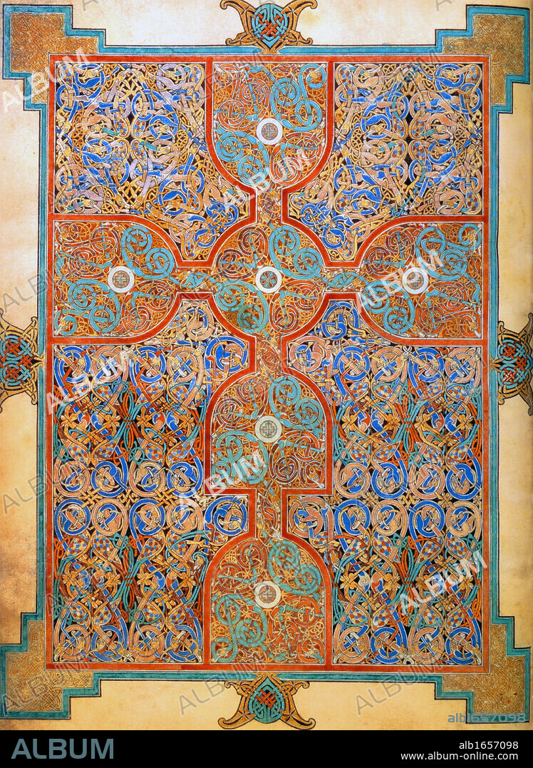 The Book of Kells (Dublin, Trinity College Library), is an illuminated manuscript Gospel book in Latin, containing the four Gospels of the New Testament together with various prefatory texts and tables. It was created by Celtic monks ca. 800 or slightly earlier. It is a masterwork of Western calligraphy and represents the pinnacle of Insular illumination.