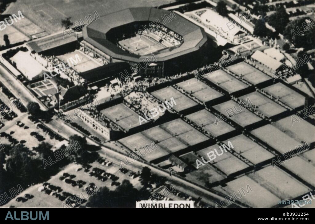 Aerial view of Wimbledon, 1939. The All England Lawn Tennis and Croquet Club (AELTC), also known as the All-England Club, was founded on 23 July 1868. From the Senior Service 'Britain from the Air' cigarette card series, 1939.