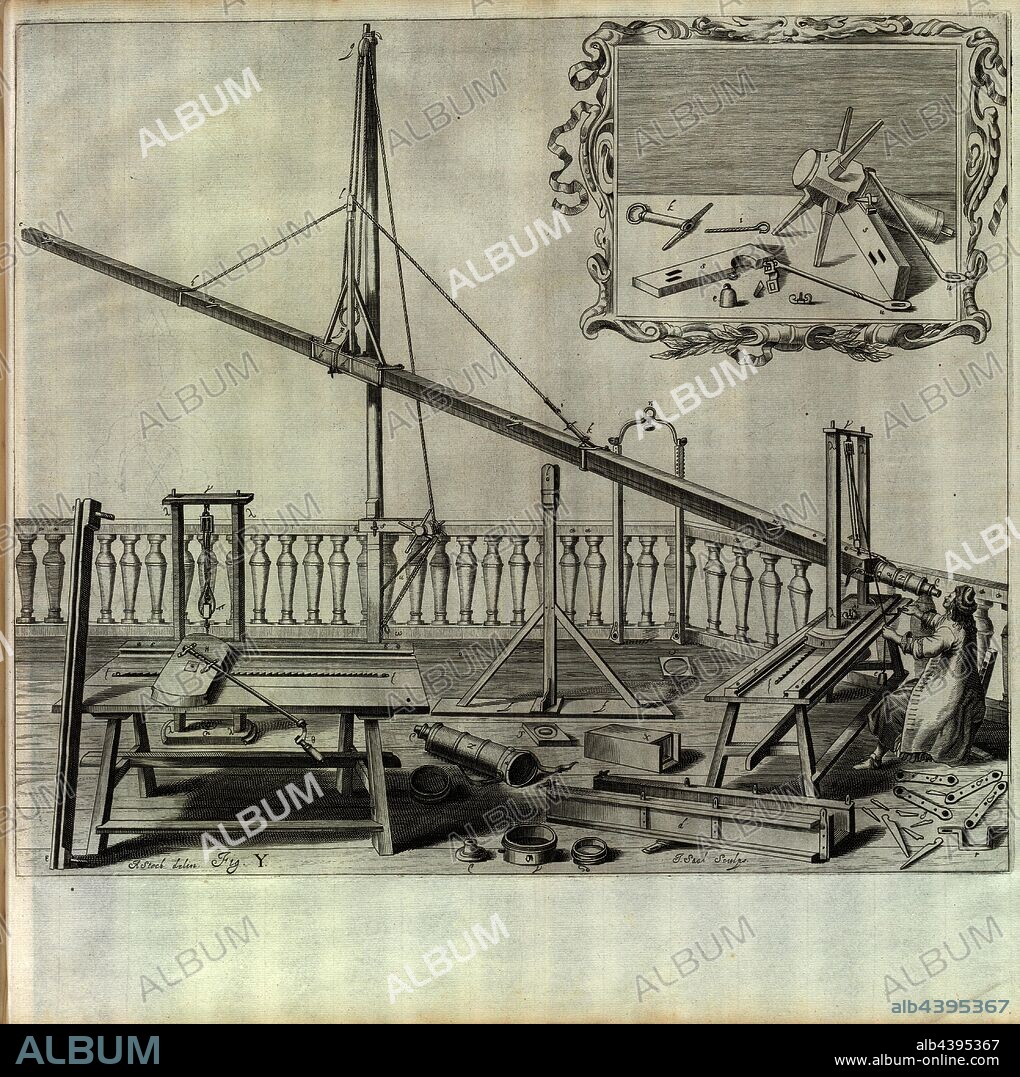Telescope 2, Telescope, Signed: A. Stech delin, I. Hall, sculps, plate Y, after p. 392, Stech, Andreas (del.); Saal, Isaak (sc.), 1673, Johannes Hevelius: Johannis Hevelii machinae coelestis pars prior; organographiam, sive instrumentorum astronomicorum omnium, quibus Auctor hactenus Sidera rimatus, ac dimensus est, accuratam delineationem, et descriptionem, plurimis iconibus, aeri incisis, illustratam & exornatam, exhibens (...). Gedani: Simon Reiniger, 1673.
